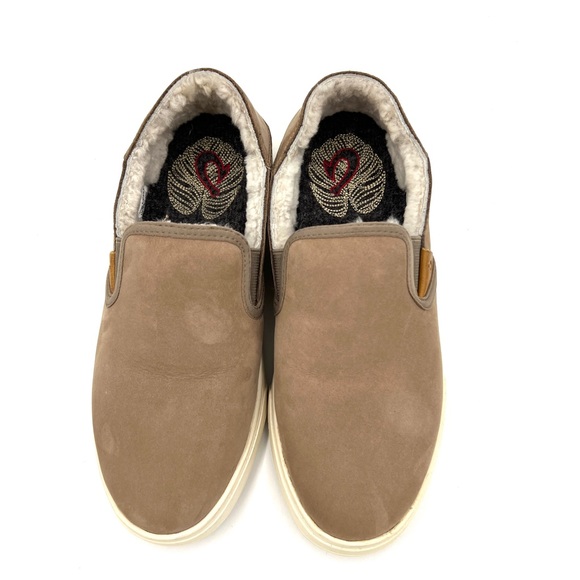 Olukai Pehuea Heu Taupe Leather Sherpa Lined Slip On Comfort Sneaker 6 - Picture 2 of 8